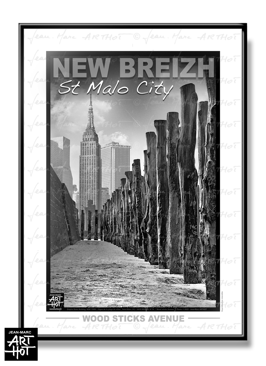 arthot-photo-art-b&w-new-york-bretagne-newbreizh-078-ile-et-vilaine-35-saint-malo-remparts-plage-pieux-bois-tronc-arbres-empire-state-building-AFFICHE-VERTIC